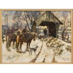 Leslie Cope Winter Scene with Covered Bridge and Figures Oil Painting