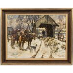 Leslie Cope Winter Scene with Covered Bridge and Figures Oil Painting
