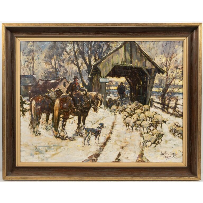 Leslie Cope Winter Scene with Covered Bridge and Figures Oil Painting